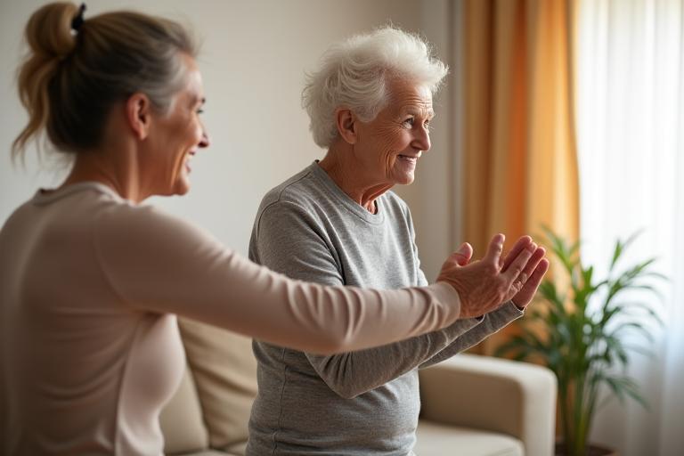 Adulto mayor realizando ejercicios de movilidad guiados